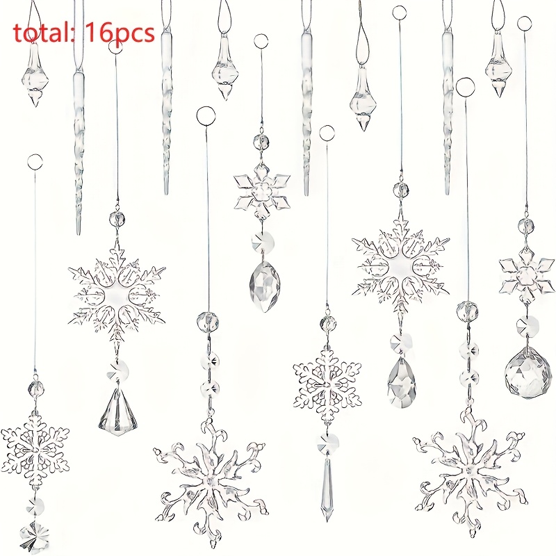 Image of 16pcs Christmas Crystal Snowflake Decorations Hanging Christmas Snowflake Decorations Snowflake Ornament Sets Acrylic Icicle Decorations Crystal Snowflake For Christmas Tree Party