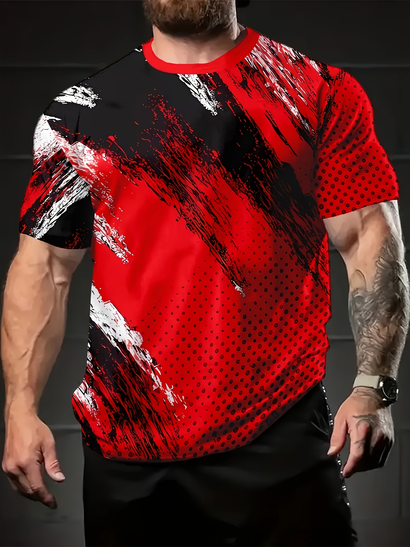 mens trendy 3d   block short sleeve t shirt   style polyester     and white abstract pattern ideal for summer   apparel trendy mens apparel smooth texture cute t shirts red 0