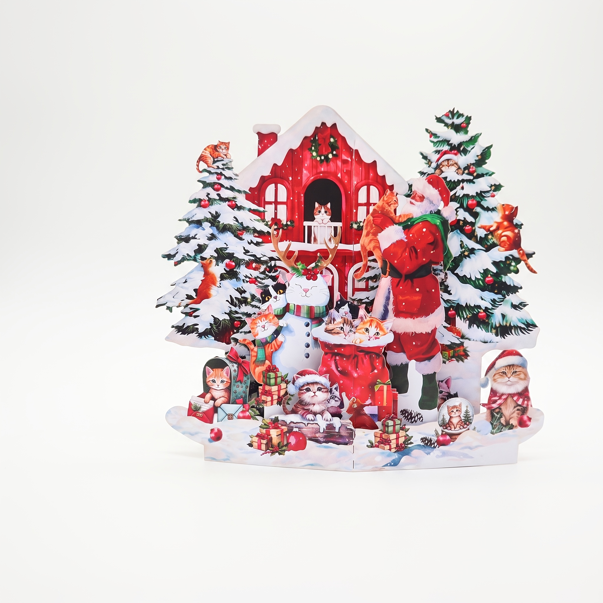 TEMU 1pc Santa Claus And Kitten Christmas 3d Pop-up Greeting Card, Cute Multiple Kittens Snowman Red Cottage Snowy Christmas Tree Scene, Foldable