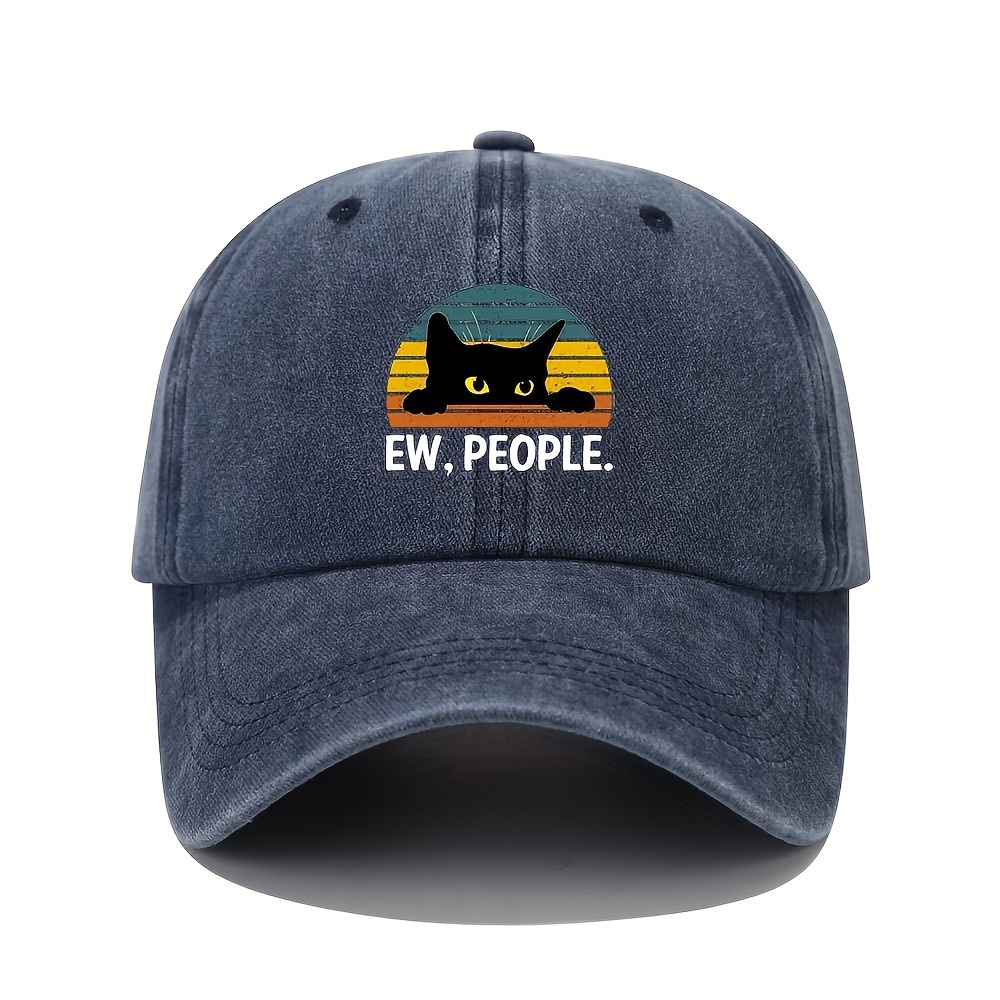 vintage washed black baseball cap with cute cat ew people graphic adjustable dad hat for men women casual unisex sun hat hand washable sun protection hat   design no stretch fabric outdoor accessory streetwear style breathable material   blue navy 0
