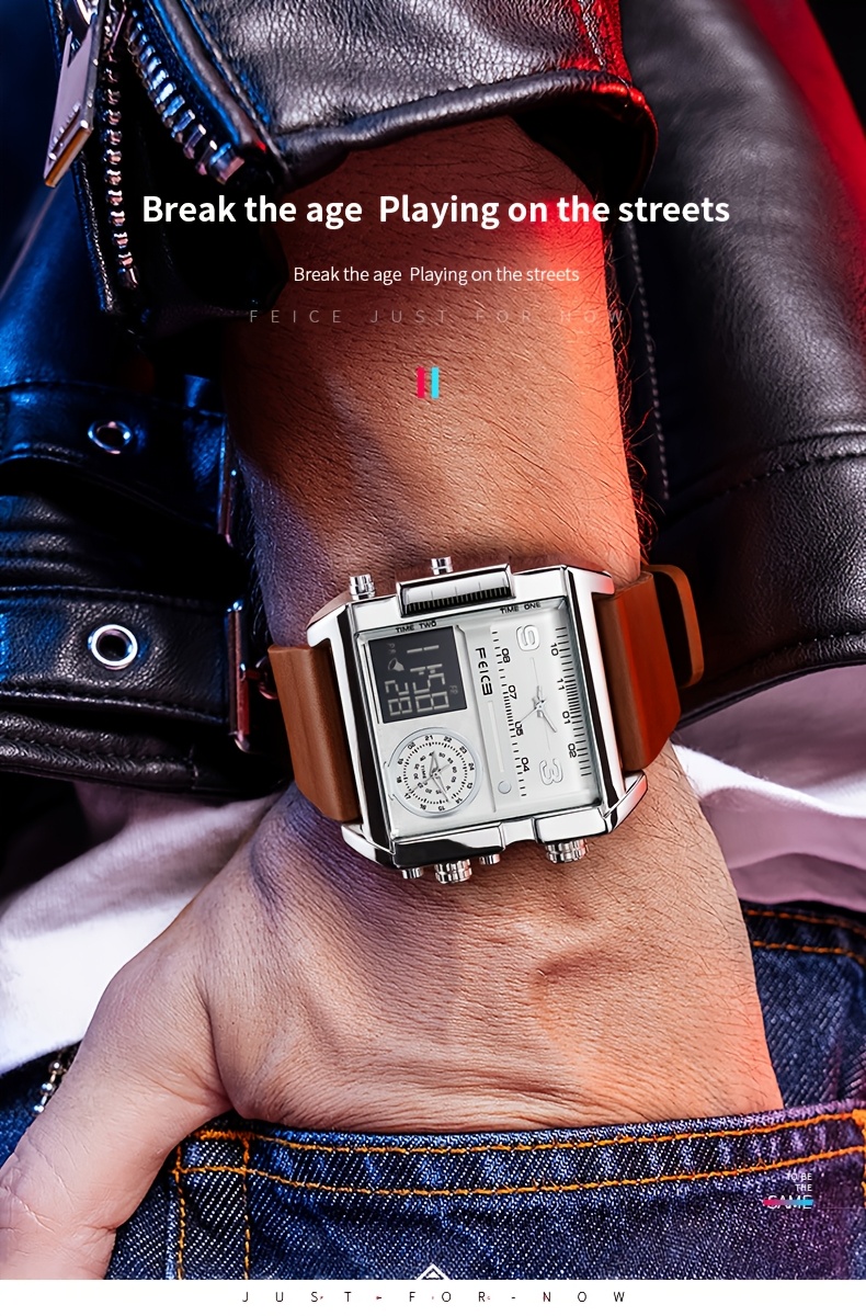  mens watch quartz watch 50mm large dial square mens watch multifunctional sports mens watch luminous alarm clock timer 24h calendar cowhide strap mens gift fk030 details 6