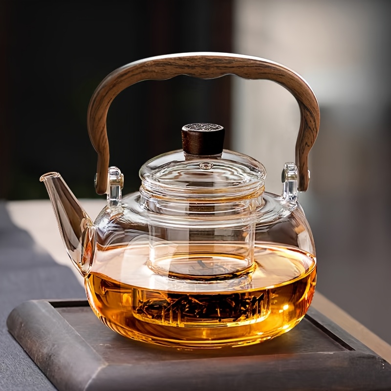 TEMU 1pc Elegant Glass Teapot With Resin Material Insulated Handle And Filter Tea Strainer, 1000ml Large Capacity, Options