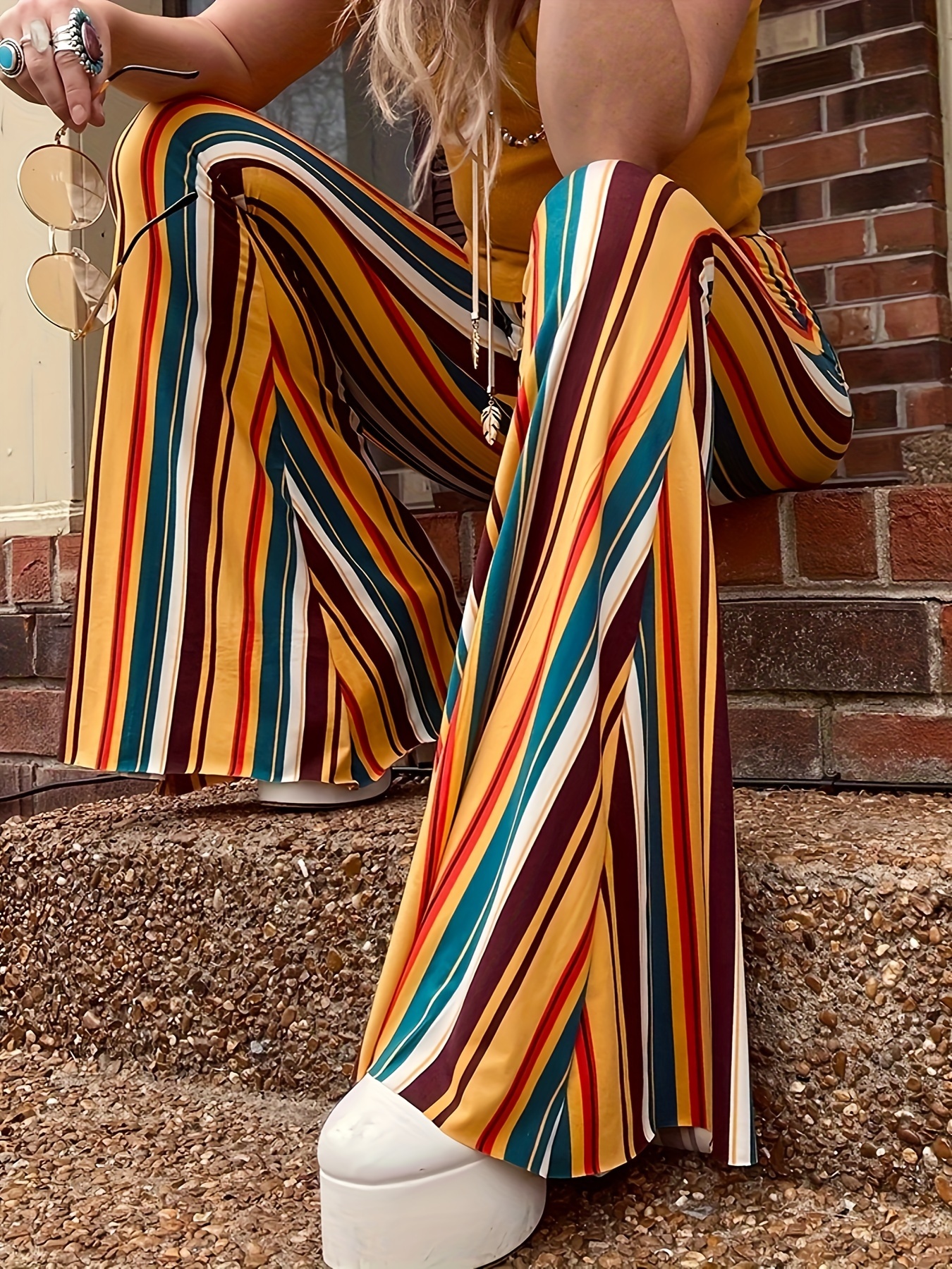 colorful vertical striped flare leg pants sexy patched - Temu