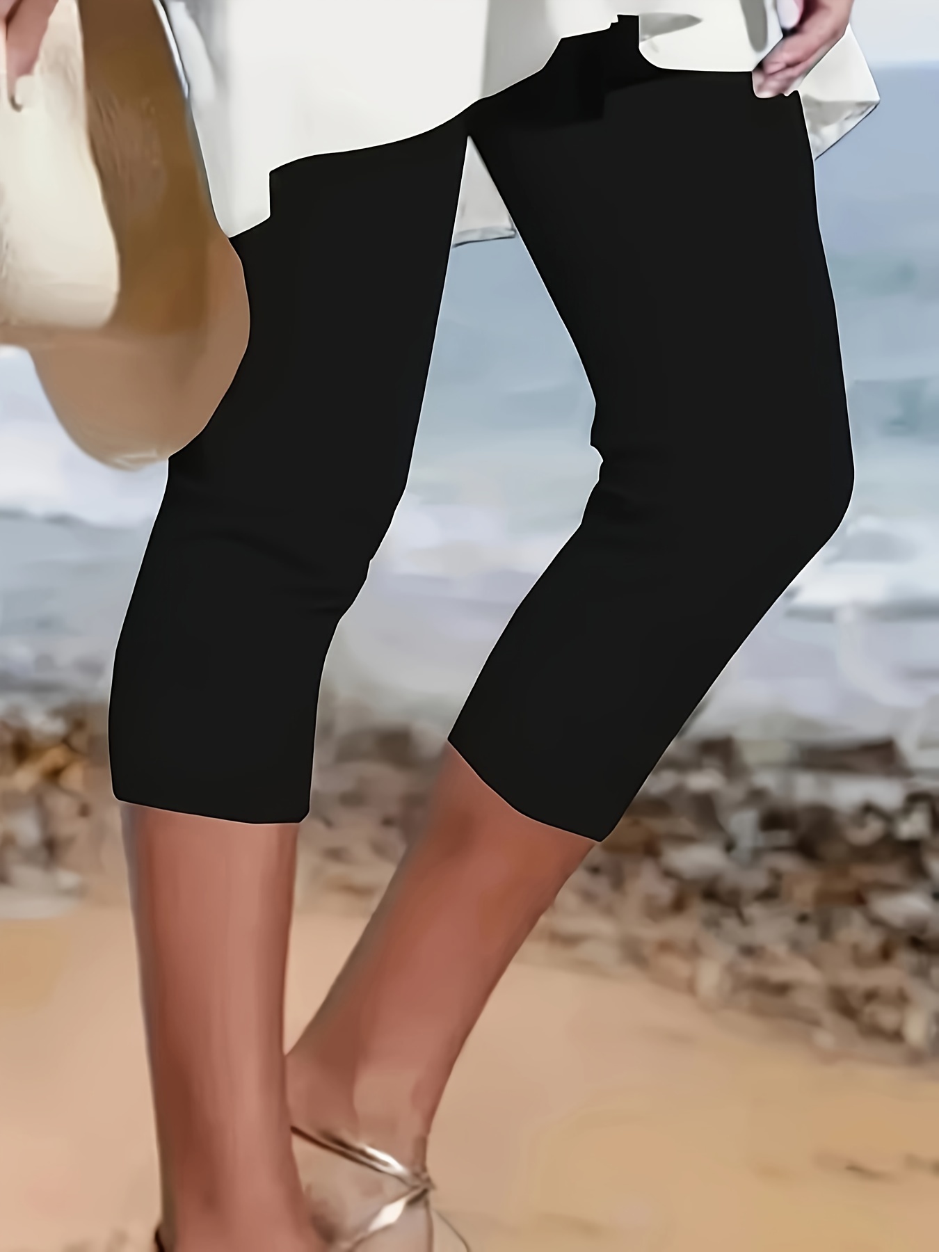 Plus Size High-Waisted Stretchy Mid-Length Capri Pants - Slim-Fit Solid Color Elegant Casual Beachwear for Spring Summer Fall, Machine Washable, Versatile Bottoms, Sleek Silhouette, Easy Care, Fitted Bottoms, Fashion Lovers