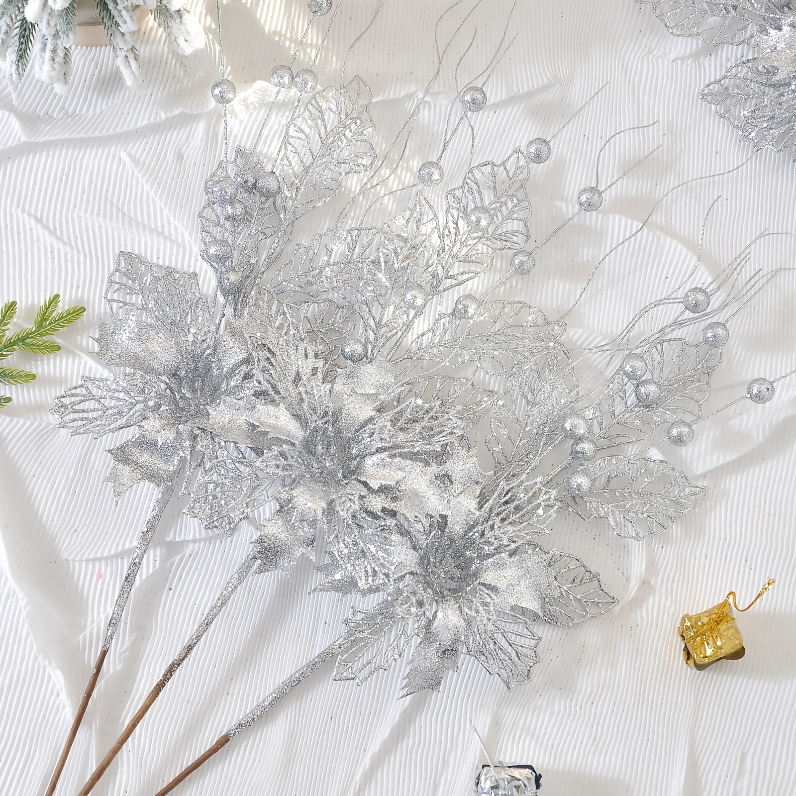 TEMU 4pcs Of Christmas Decoration Artificial Flowers, 18.9-inch Sparkling Christmas , Poinsettia Sprays, And Holly Leaves With Pine Needles For