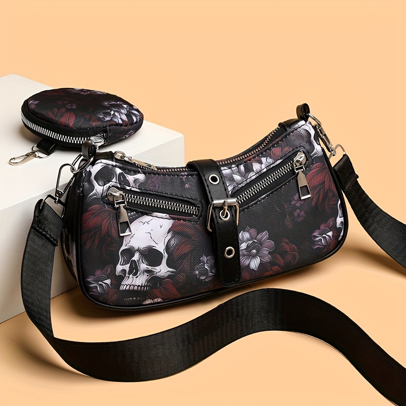

Gothic Skull Flower Pattern Shoulder Bag, Punk Style Crescent Handbag, Vintage Halloween Crossbody Bag With Round Coin Purse