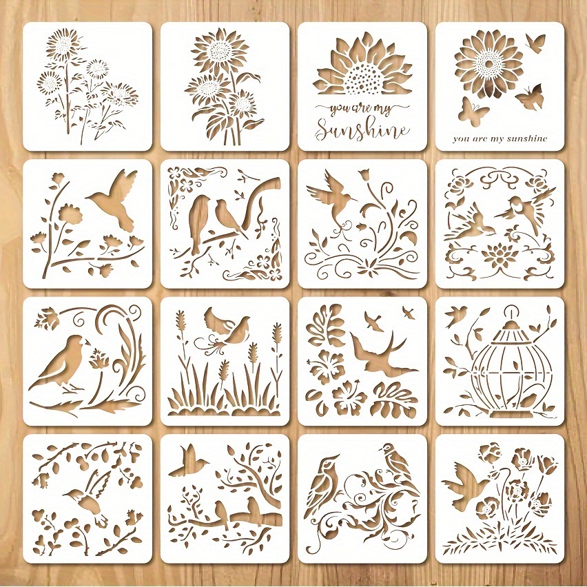 

16pcs 5.9inch Stencils, Flower And Bird Template Spring Template For Painting, For Crafts Rock Painting Stencils Plastic Reusable Stencils For Painting On Wood Wall Tile Home Decor
