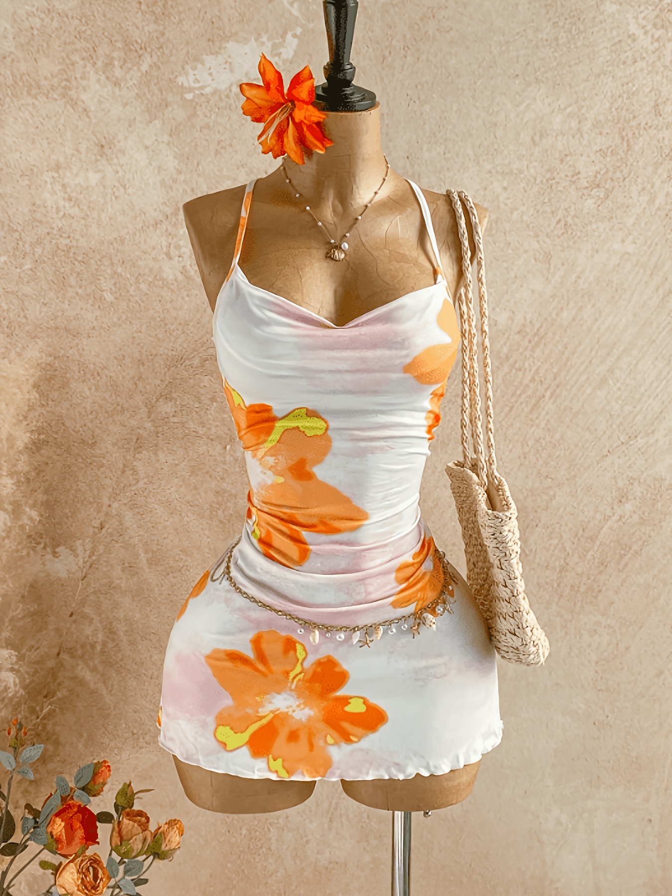 Holiday Casual Red Watercolor Floral Summer Vacation Draped Collar Suspender Dress Floral Suspender Skirt Floral Dress Summer Dress Spring Dress Orange Floral Dress