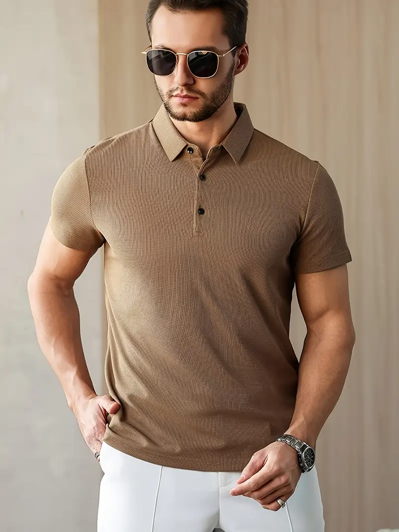 mens summer shirt solid color casual short sleeve with button collar lightweight polyester for sports outdoor leisure activities casual summer wear knitted weave details 0