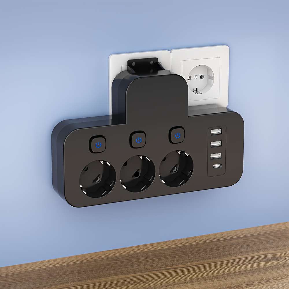 3-Poorts AC Stopcontact met 3 USB Poorten en 1 Type-C Poort | EU Stekker Converter met Onafhankelijke Schakelaars, Reizen/Thuis/Kantoor Gebruik, Geen Kabel Inbegrepen