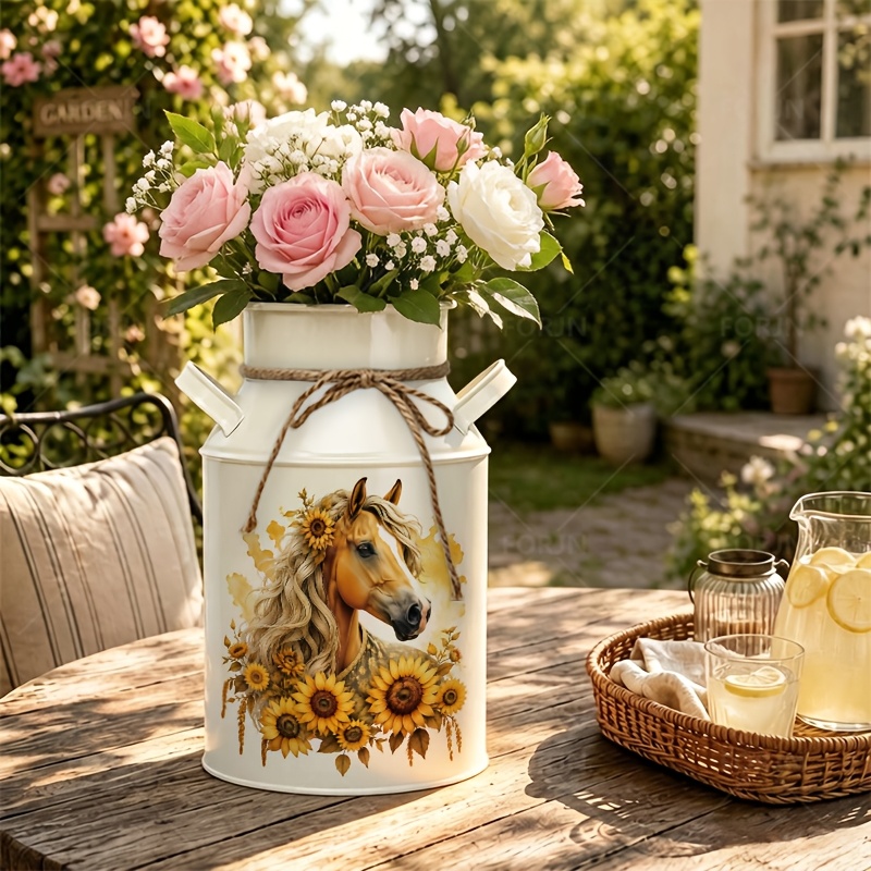 TEMU 1pc Iron Vase, Sunflower Horse Portrait , Style Decorations, Retro Farmhouse Style Design, Home Decoration Vases Suitable For Placing Dried