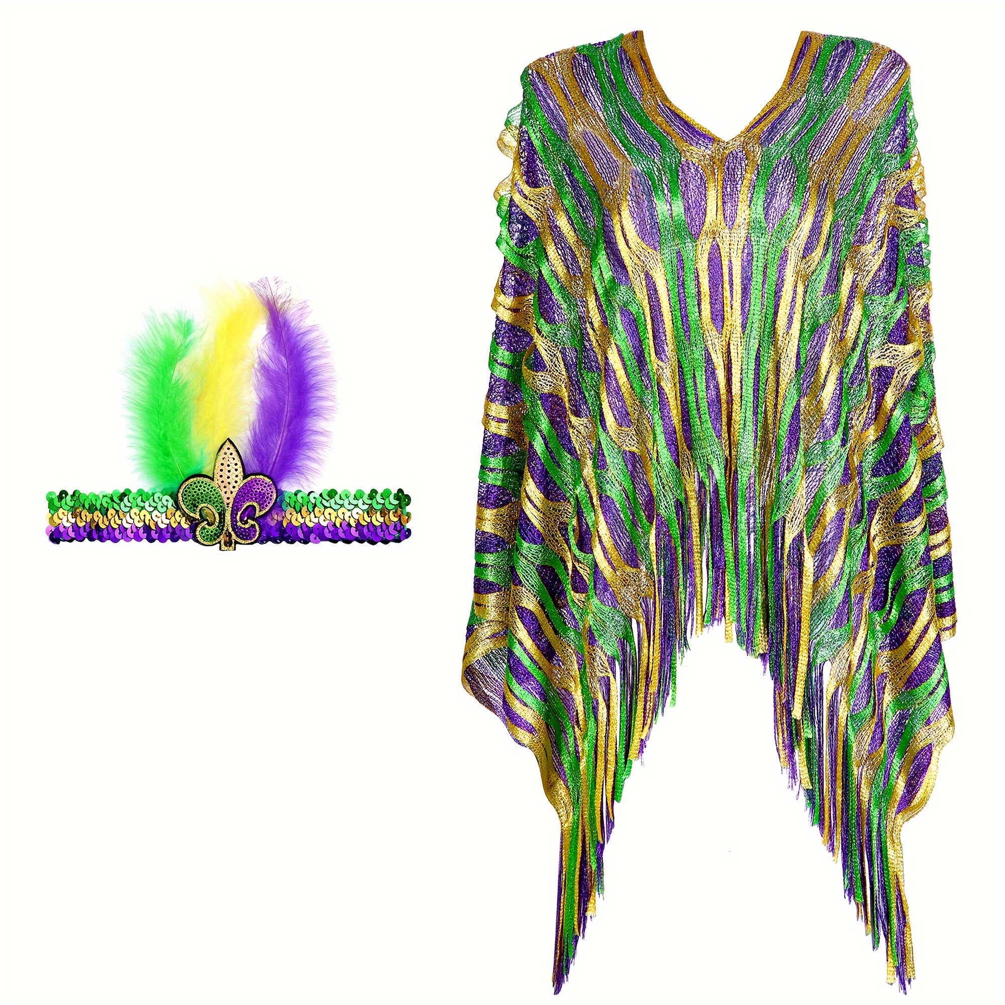 Image of 2pcs/set Mardi Gras Shawls And Mask/headband For Women Trendy Purple Cape Feather Mask Tassel Wraps Poncho Carnival Costume Additions