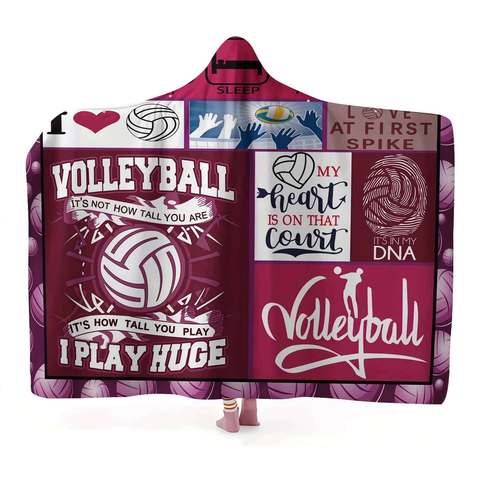 

Cozy Volleyball-themed Wearable Blanket With Hood - Soft, Warm Flannel Throw For Couch, Travel & - Machine Washable, Mixed Colors