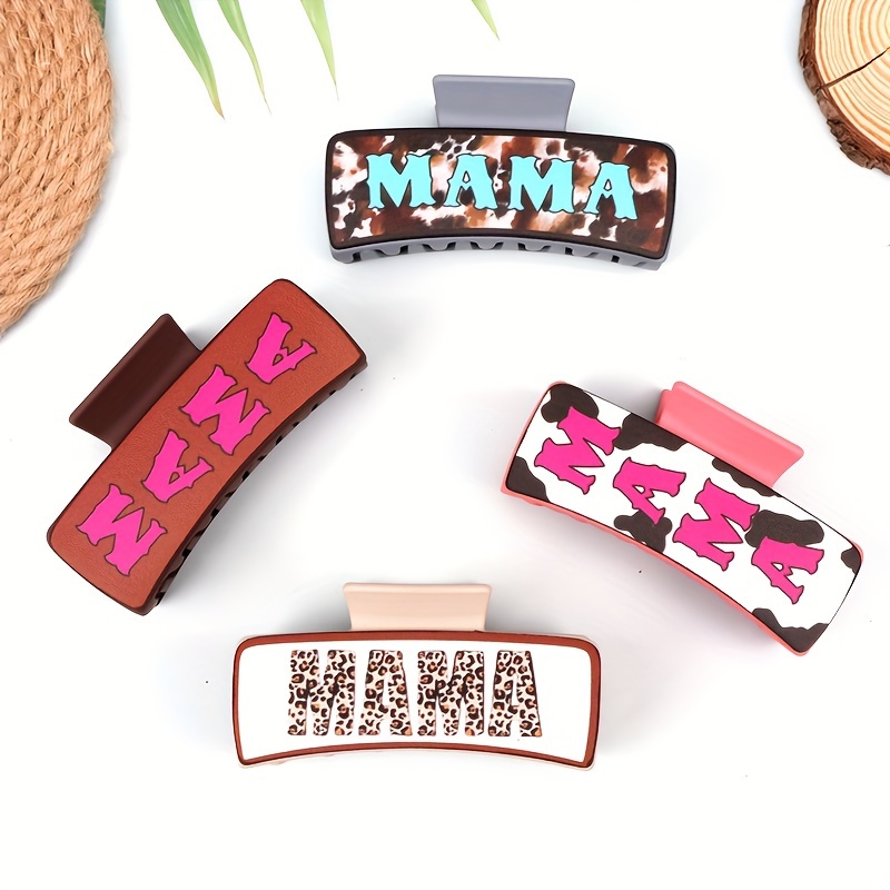 

4pcs Stylish Mama Letter Printed Pu Leather Hair Claw Clips Large Rectangular Hair Grab Clips Ponytail Holders For Women And Daily Use Wear Gifts For Mother's Day