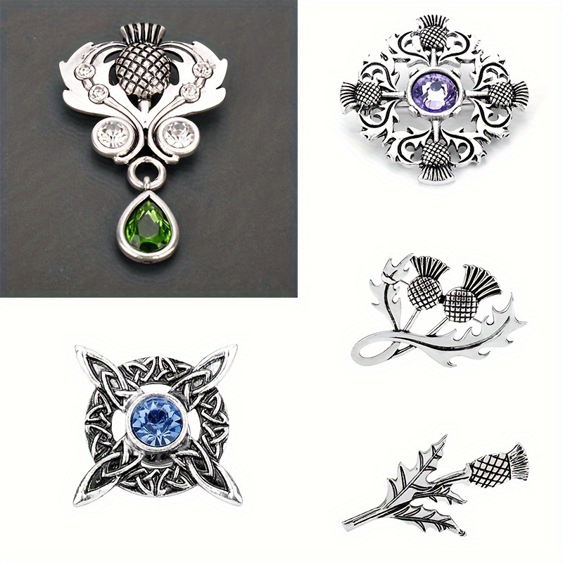 

5 Pcs Ancient Battlefield Legend Scottish National Flower Thistle & Drop Crystal Brooch, Vintage Viking Celtic Cross Brooch