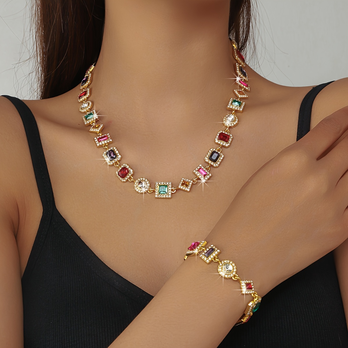 New Luxurious Exquisite Hip-hop Cuban Chain Square Necklace 2pcs Set