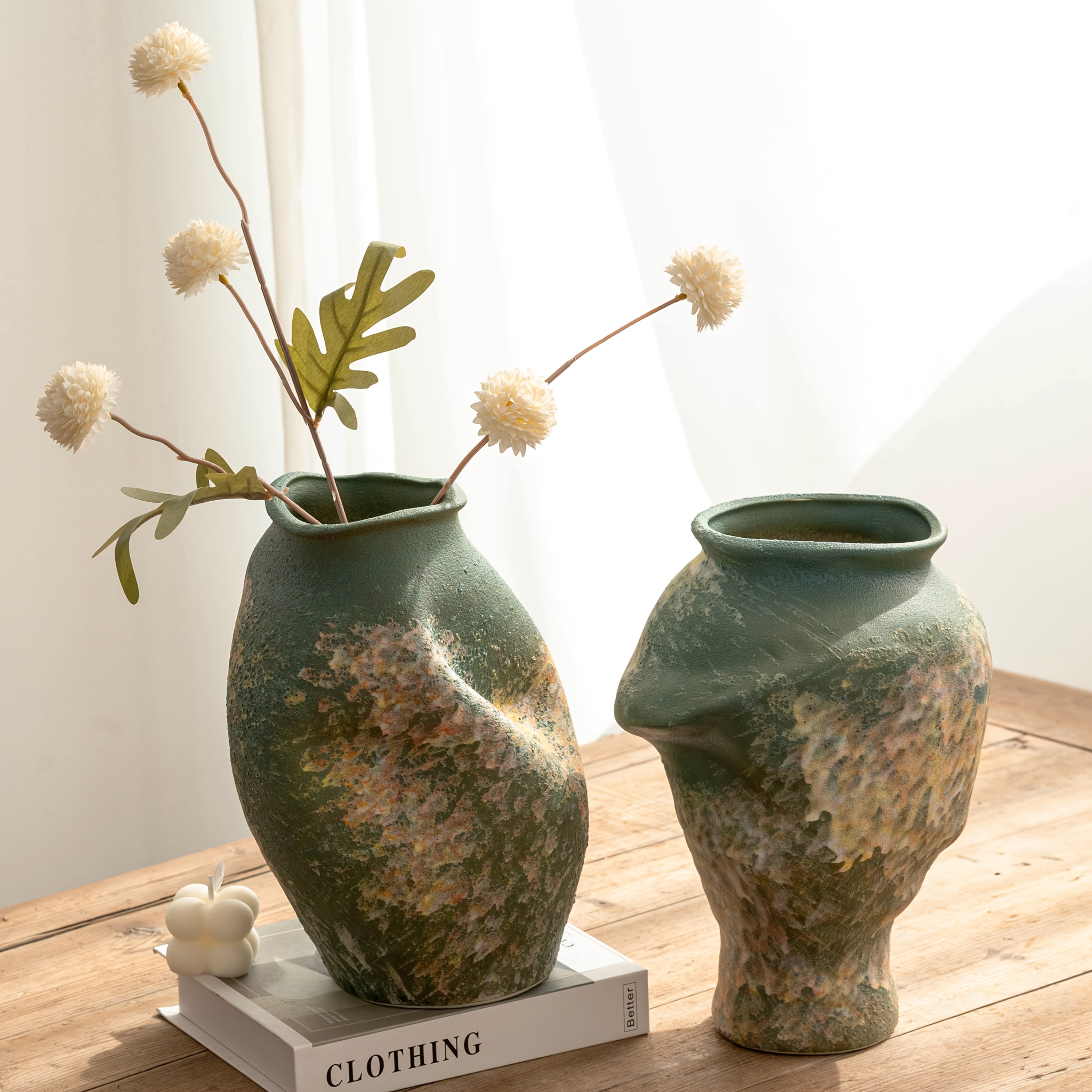 Vintage Green Textured Sculptural Ceramic Vase, with Unique Mottled Texture and Exquisite Artistic Design.