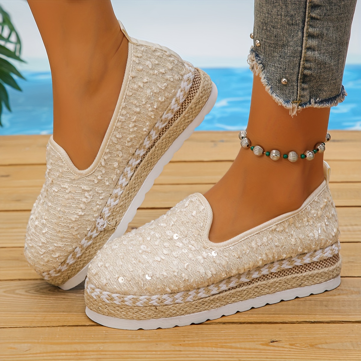 

Women's Sequins Decor Loafers, Fashion Slip On Platform Shoes, Comfortable Espadrille Shoes