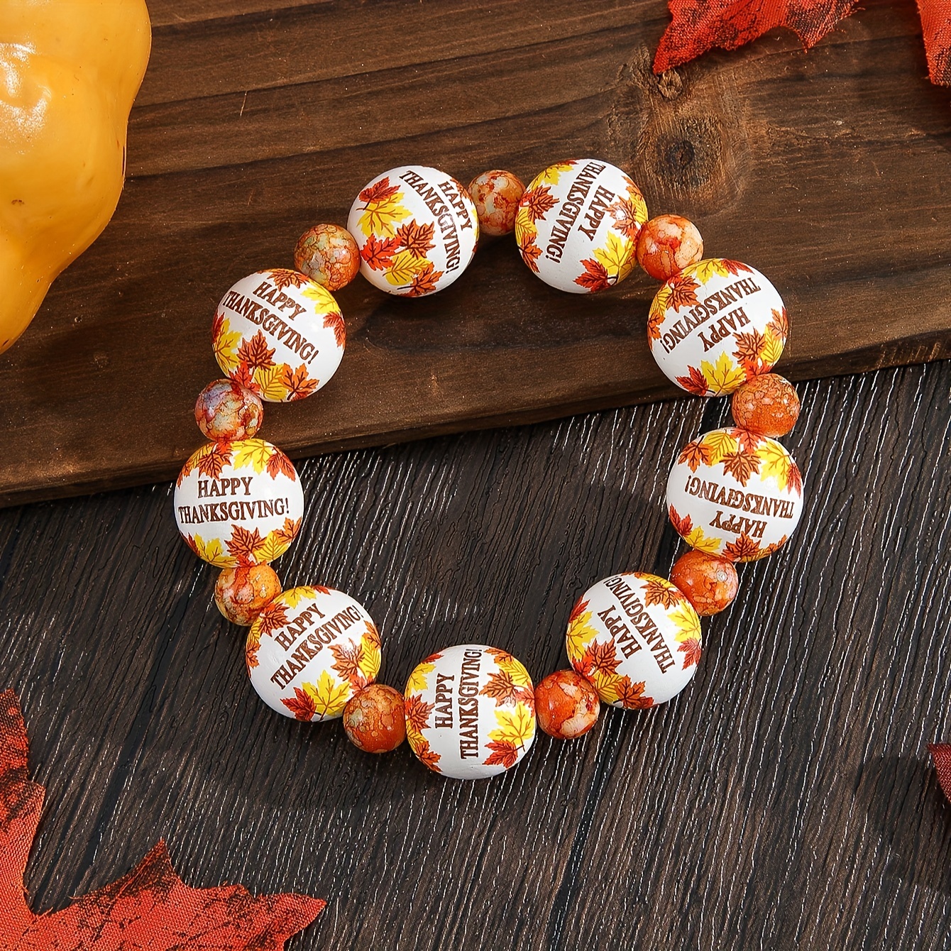 

Thanksgiving Theme Handmade Beaded Stretch With Autumn Leaf Pattern For Women – Fashion Accessory For Party, Vacation, Holiday Celebration, Wooden Jewelry Gift