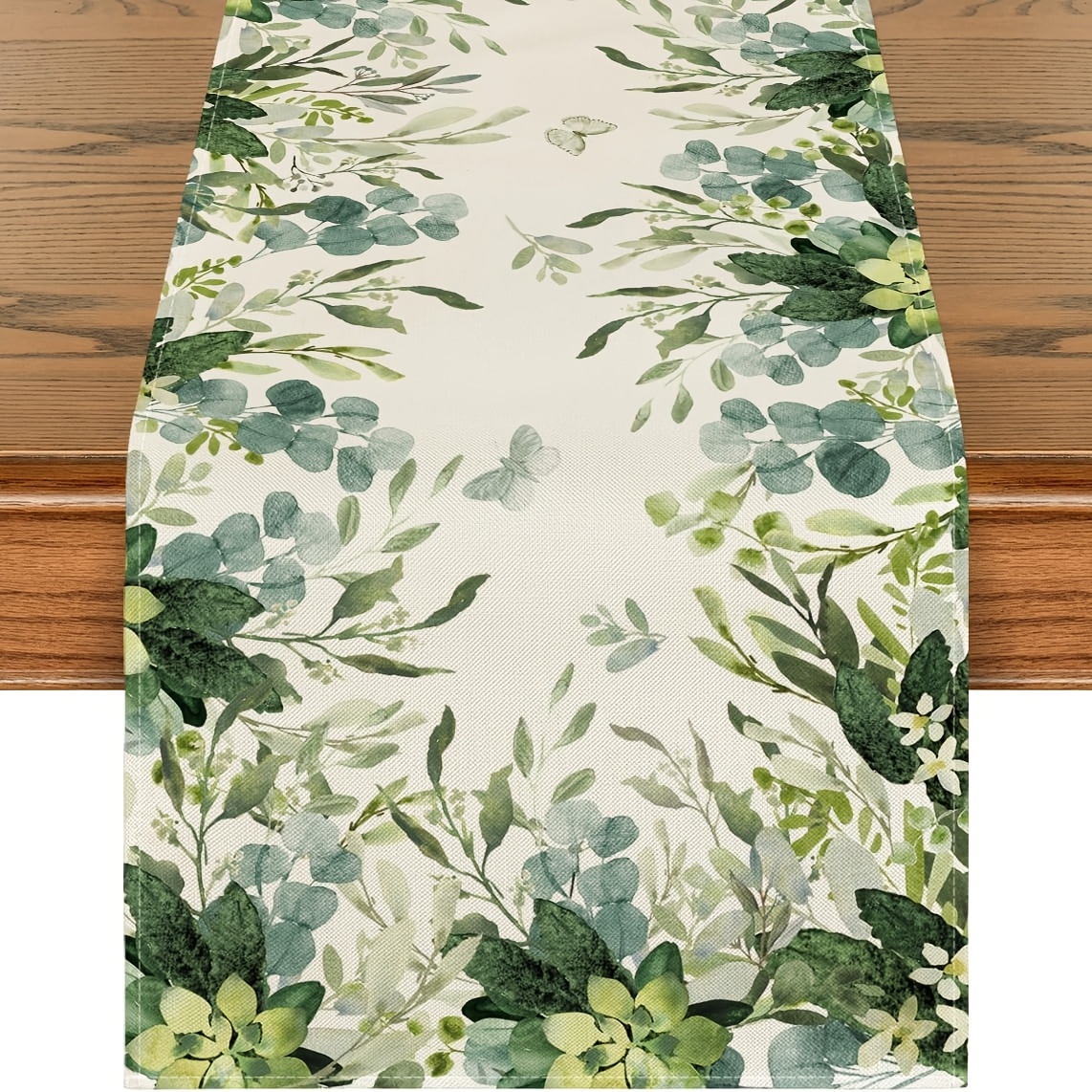 E-shop [1pc Eukalyptus Blumen Tischläufer] 1pc Eukalyptus Blumen Leinen Tischläufer, 100% Gewebtes Leinen Rechteckiges Tischdekoration, für Esszimmer,