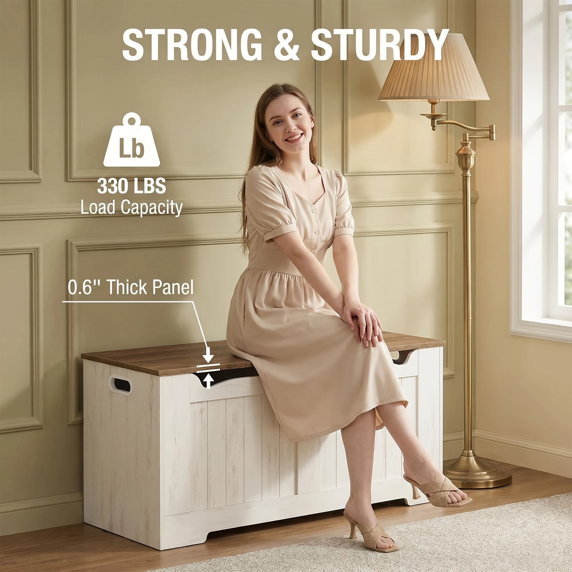 Image of Large-capacity Storage Box And Storage Bench, 101*41*49.7cm, White And Brown, With 2 Sturdy Hinges, Box-style Storage Cabinet, Suitable For Multiple Such As , Living Rooms, And Bedrooms, Trunks