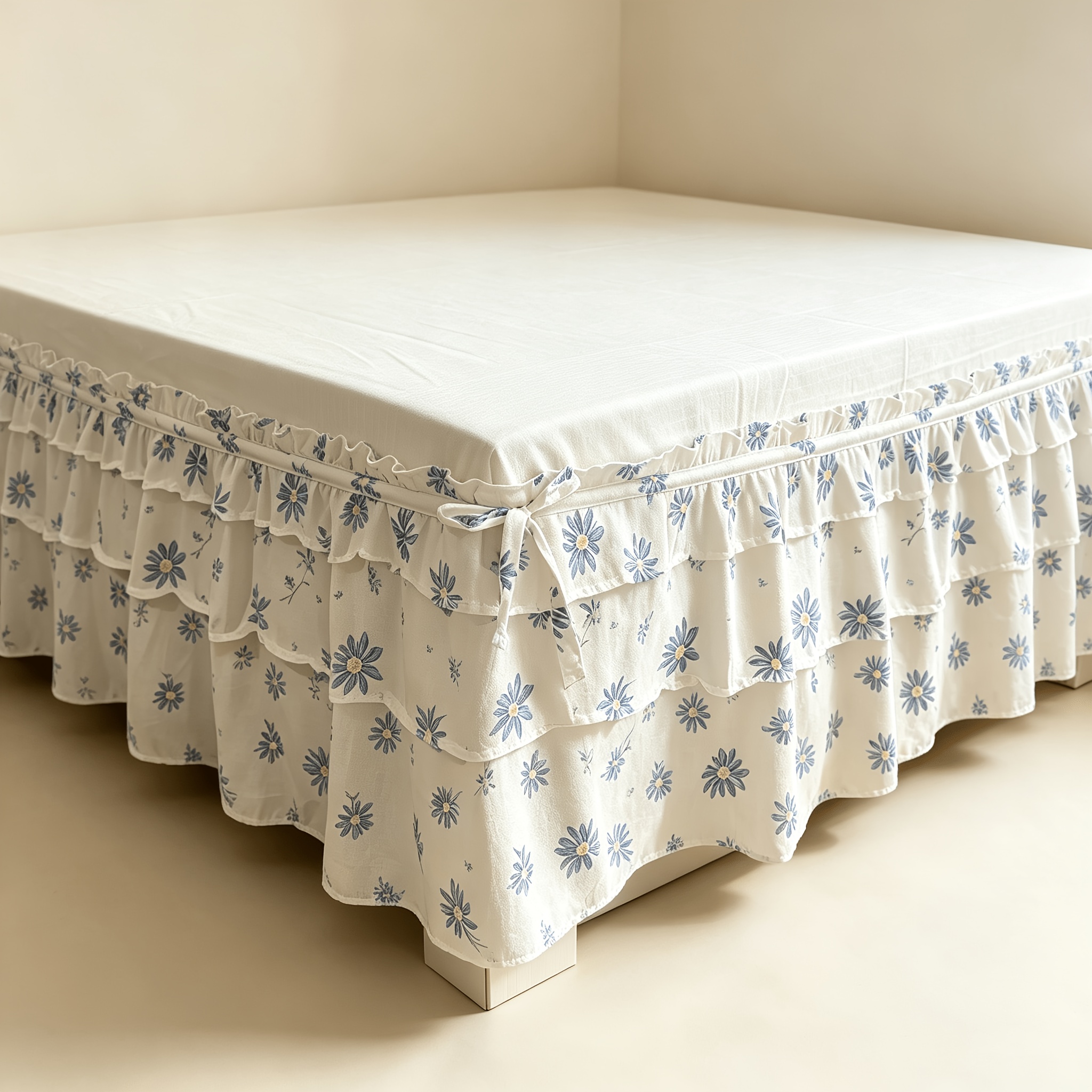 TEMU Jupe de lit enveloppante à imprimé, style gâteau, jupe de sol, trois côtés en tissu, élastique, à volants anti-poussière, 43 cm (16,9 pouces),