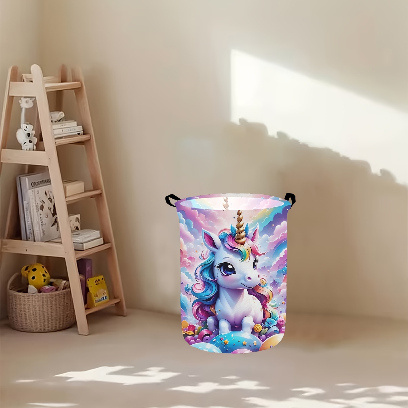 TEMU 1pc Folding Laundry Basket With Dream Unicorn Design, Round Bath Basket For Bathroom And Bedroom, Storage Box For Closet And Home Miscellaneous