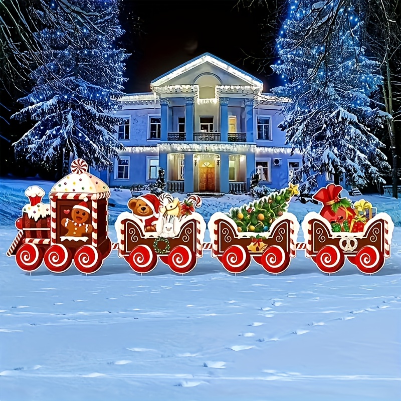 Image of 2d Flat - Four-piece Christmas Decoration Set Featuring A Teddy Bear And A Little Train For The Yard