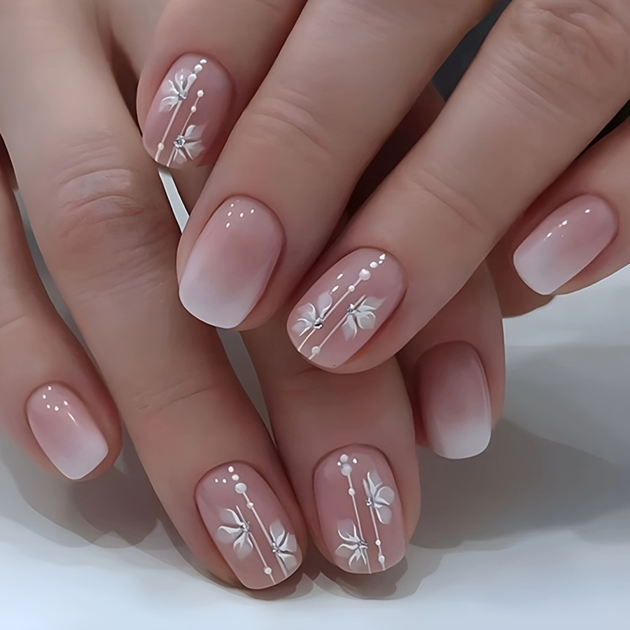 TEMU 72pcs Hand-drawn Floral Nail Art Stickers - Pink Glossy French Oval Fake Nails With White Flower Designs, Short Rectangular Press-on Nails For Women, Perfect Gift For Girlfriend & , Nail Stickers
