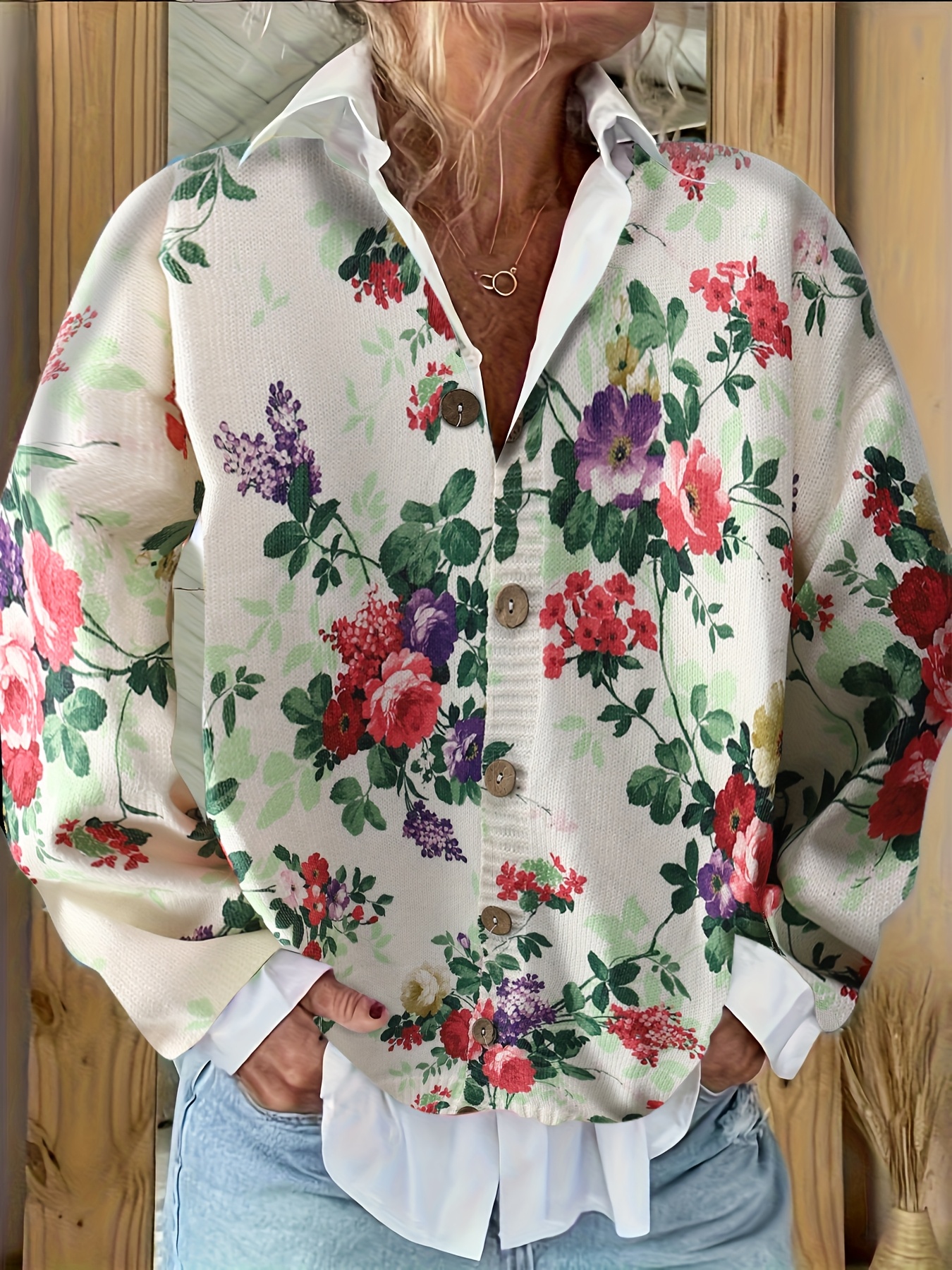 damenmode blumen cardigan lang elegantes cardigan mit blumendruck für damen rosa und grüner 3d