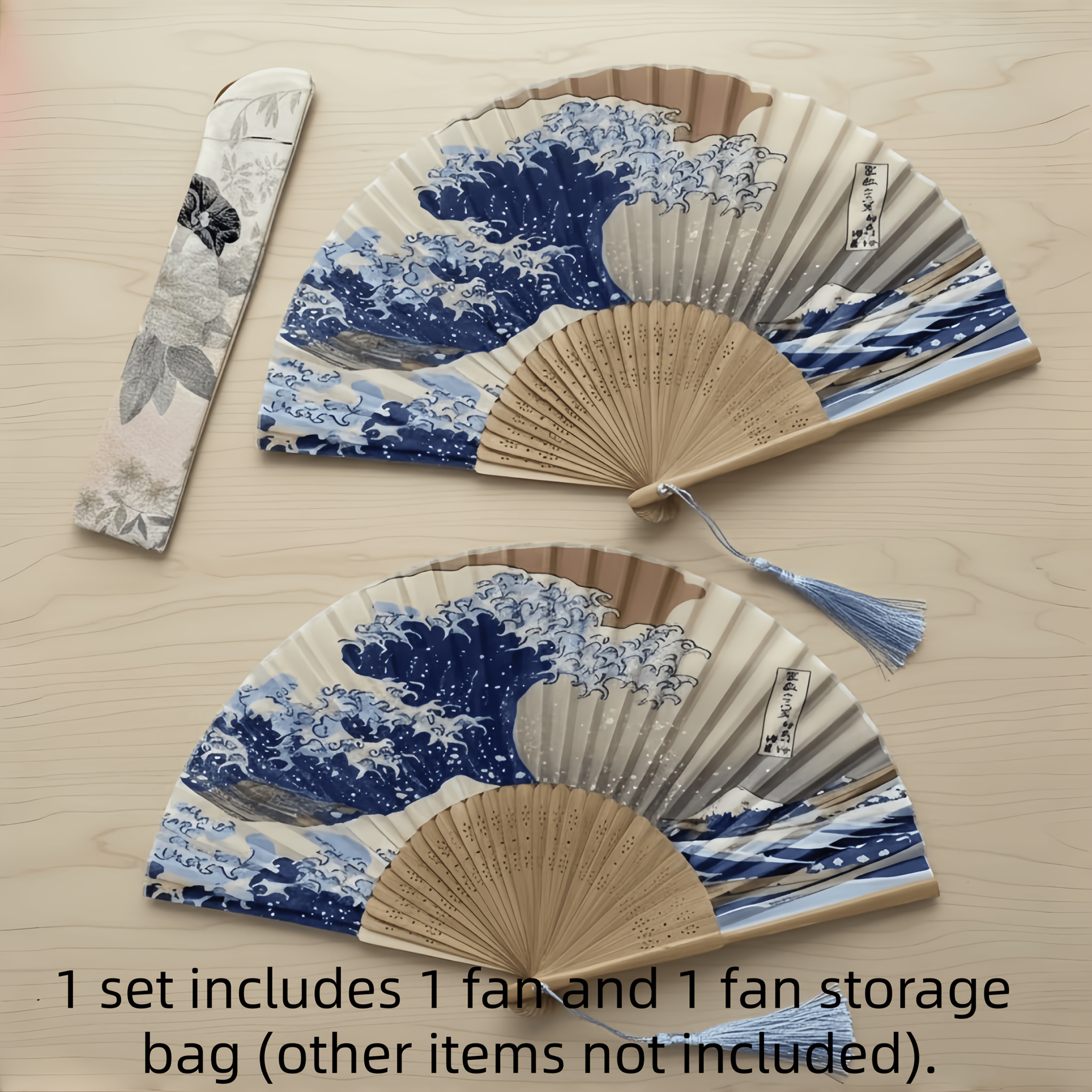 TEMU 2pcs ( Sea Region Traditional Folding Fan And Storage Bag), Elegant Tassel Hand Fan, With Art Pattern, Suitable For Dance, Wedding, Cultural