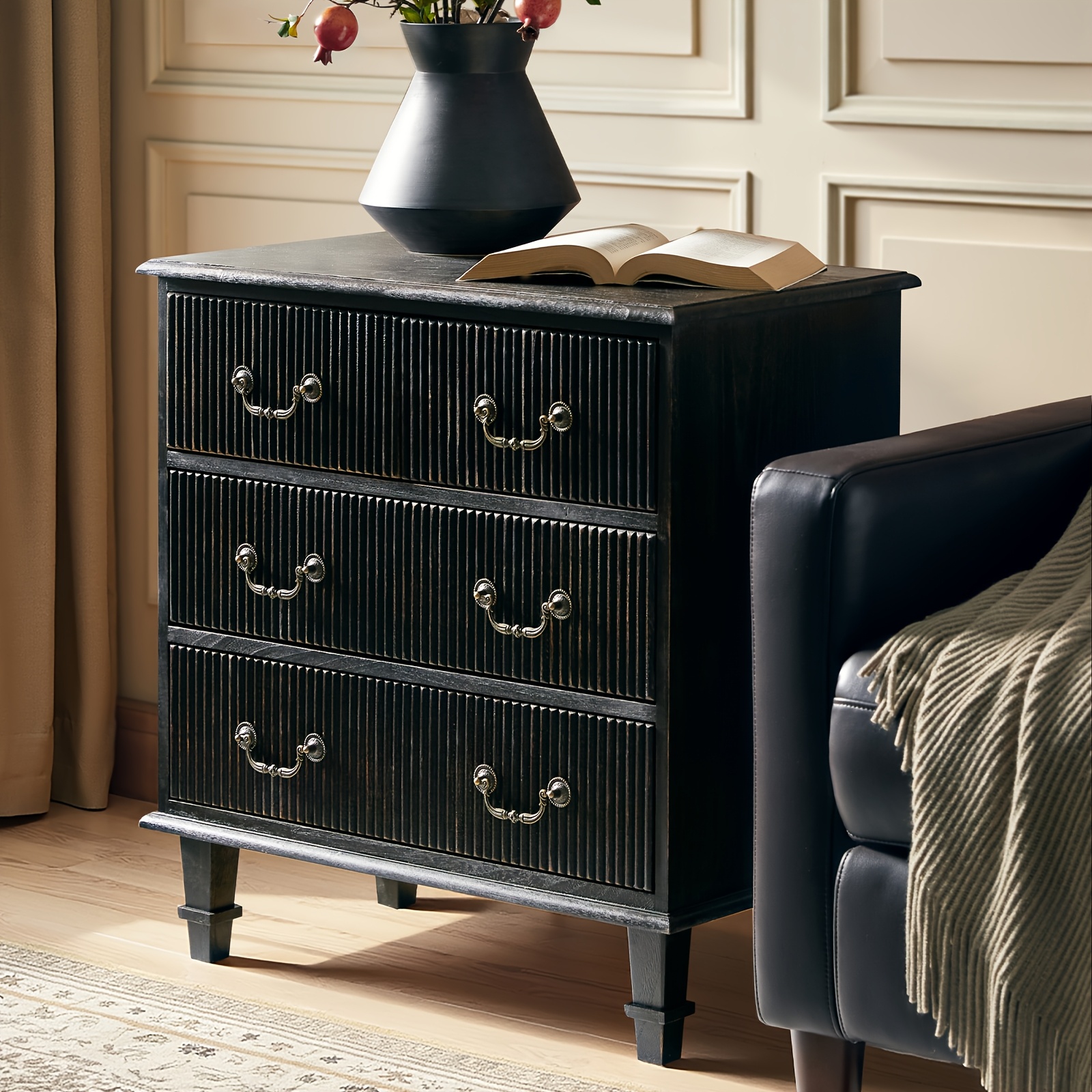 French Country 3-Drawer End Table with Paulownia Wood - Space-Saving 30-Inch Rustic Nightstand, Assembly for Living Room, Bedroom, Entryway - Compact Storage Furniture ( Wood Grain)
