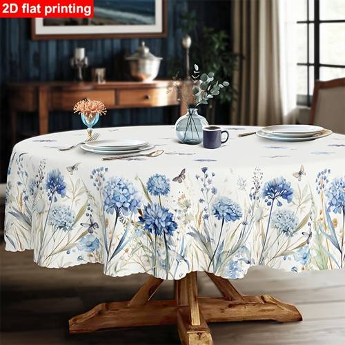 1pc retro lotus edge flower and tablecloth with blue white and green design made of polyester material suitable for spring and summer decoration indoor and outdoor dining wedding parties and home decor