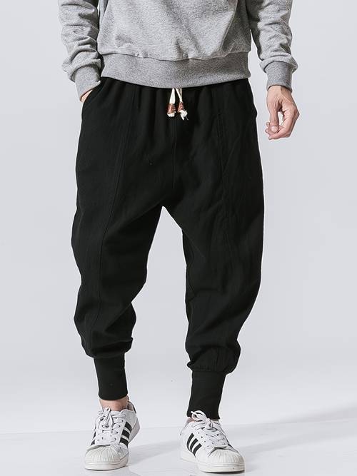 solid color casual pants drawstring waist breathable thin long trousers for men harem pants cropped nine leg pants