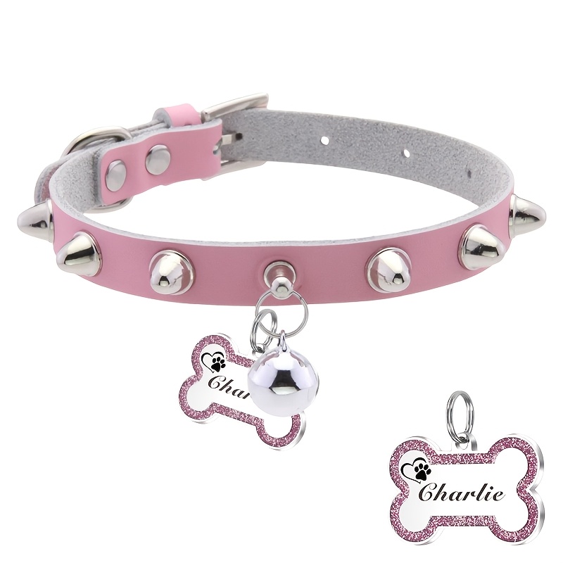TEMU Anti-bite Personalized Spiked Dog Collar With Custom Engraved Bone Id Tag Studded Pu Leather Pet Collar For Cats Anti-lost