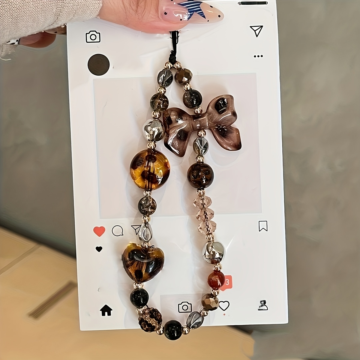 TEMU 1pc Light Brown Leopard Print Bow Heart Beaded Phone Charm, A High-end Versatile Short Wrist Phone Strap, Suitable As A Gift For , , Or