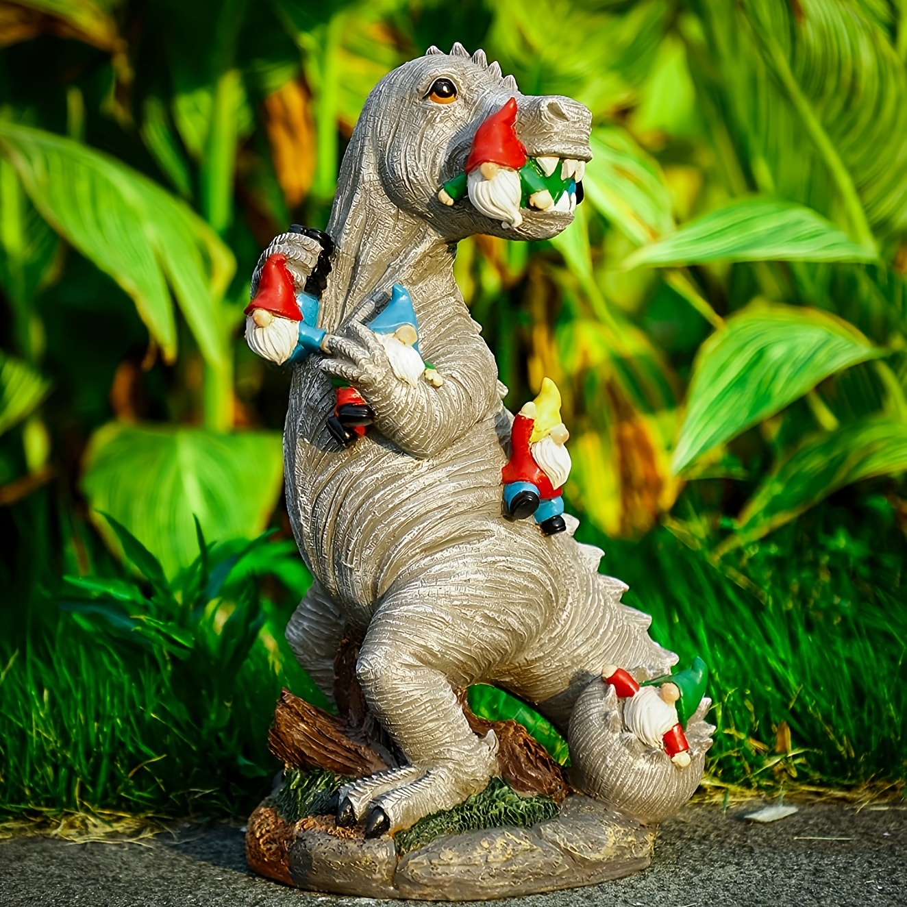 

1pc Adorable Dinosaur Eating Gnomes Garden Statue - Perfect For Patio, Lawn, And Halloween Decorations!