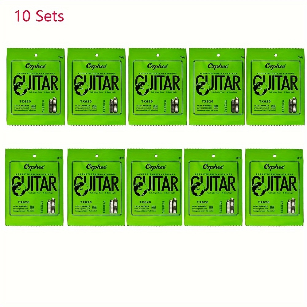 

10 Sets Of 6pcs Tx620 Acoustic Folk Guitar Strings (.010-.047) Phosphor Bronze Extra Light Tension