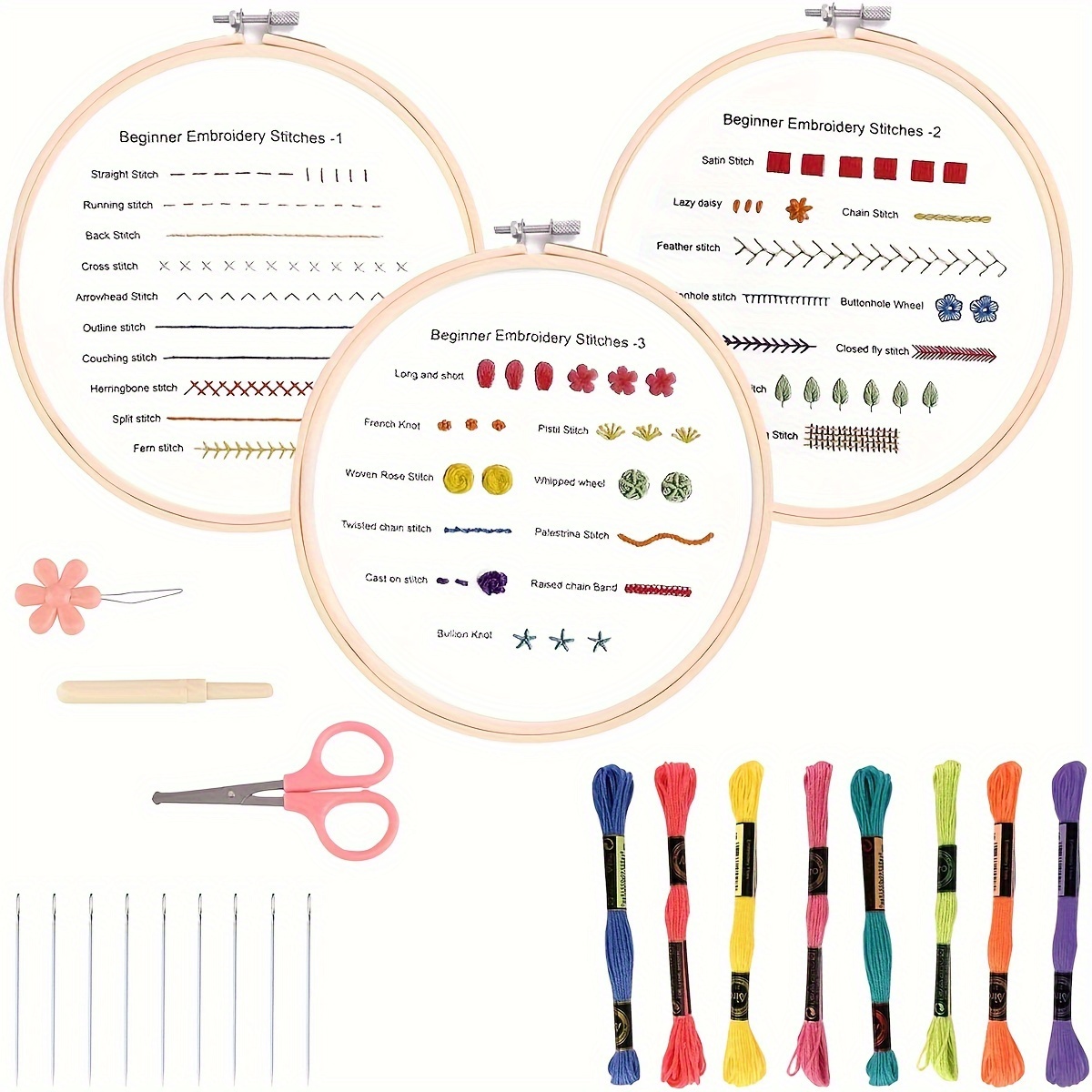 1 Set/3 Pezzi Kit Di Pratica Del Ricamo DIY Per Principianti, Kit Di Cucito  A Punto Croce, Punto Croce Per Principianti, Cerchio Da Lavoro Per Ricamo,  Accessori Per Cucito A Mano Con