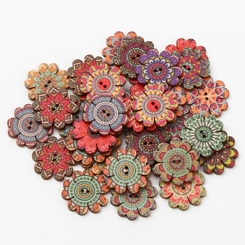 TEMU 30pcs 20mm 25mm Mixed Ethnic Floral Wooden Buttons, Double Hole Mandala Flower Shaped Wooden Sewing Buttons For Crafts, Scrapbooking, Clothing
