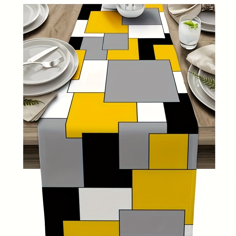 

Linen Burlap Table Runner 72 Inches Long, Modern Abstract Art Color Block Gray And Yellow Table Runner For Dresser, Party, Living Room, Dining Table Decor 13"x72