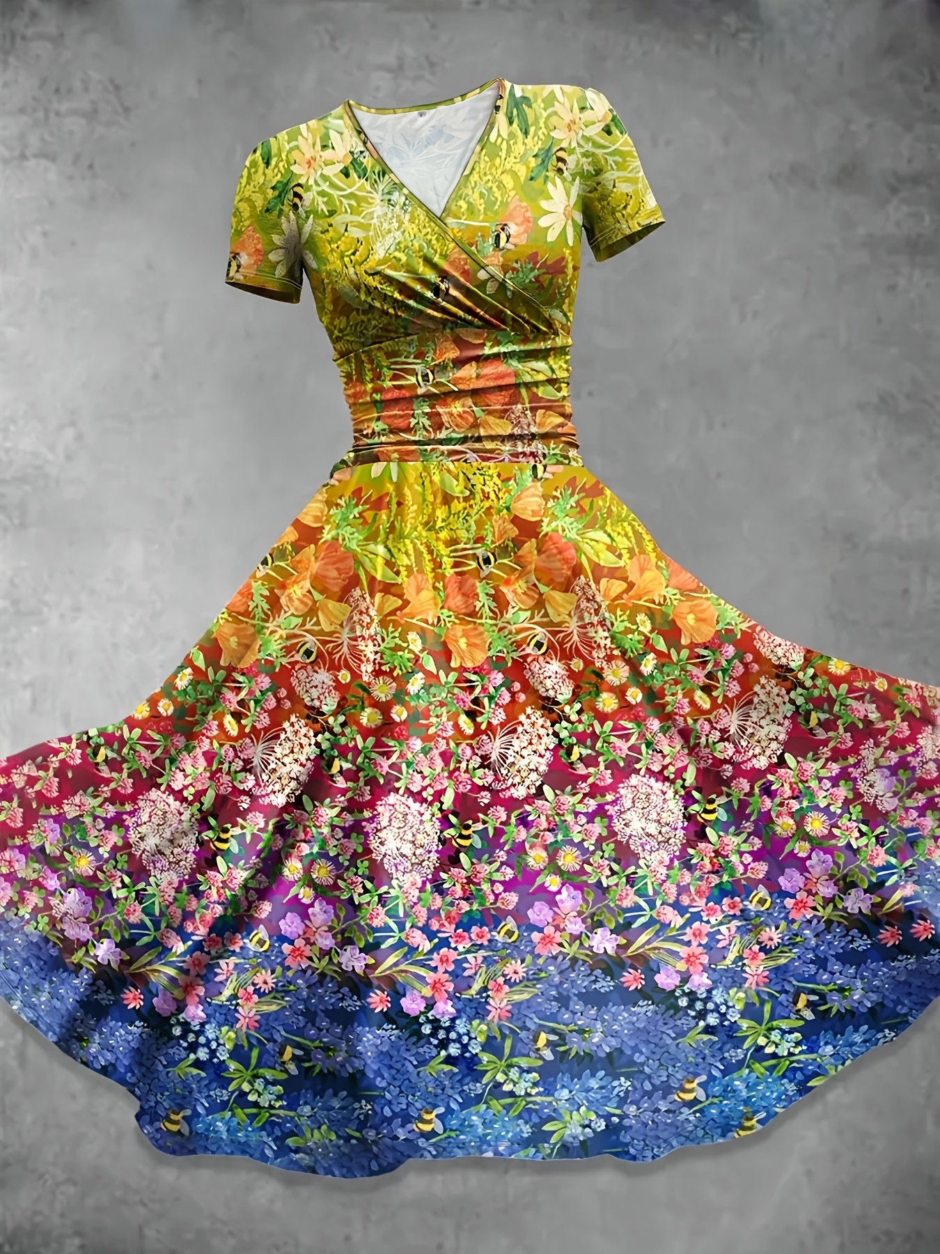 1pc Elegant Floral Print V-Neck A-Line Dress for Women, Polyester and  Spandex Knit Fabric * Versatile Style * Adult - Spring/Summ