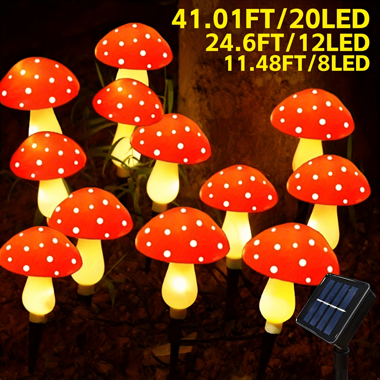 solar powered mushroom shaped garden stake lights   in packs of   or 20 featuring 8 different lighting   ideal for     patios and yards   decorative lights make a great gift and enhance outdoor spaces