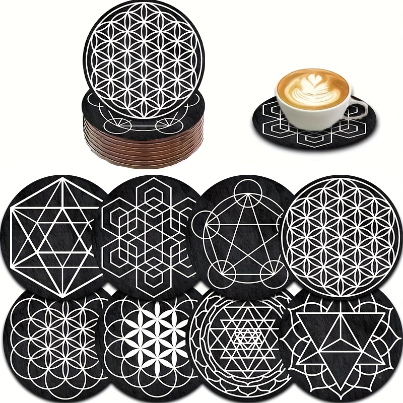 TEMU 8pcs Flower Of Life, Geometric Printed Wooden Coaster Set, Tea Cup Mat, Coffee, Beverage Mug Mat, Suitable For Home And Dining, Gift For Parents