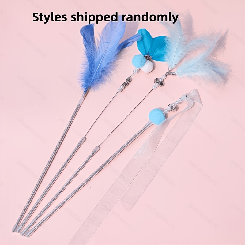 TEMU 2pcs Cat Teaser Wand , Shipped In Random Styles, With Bells And Feathers For Self-play And Bite Resistance, Long Rod Design For Long-distance