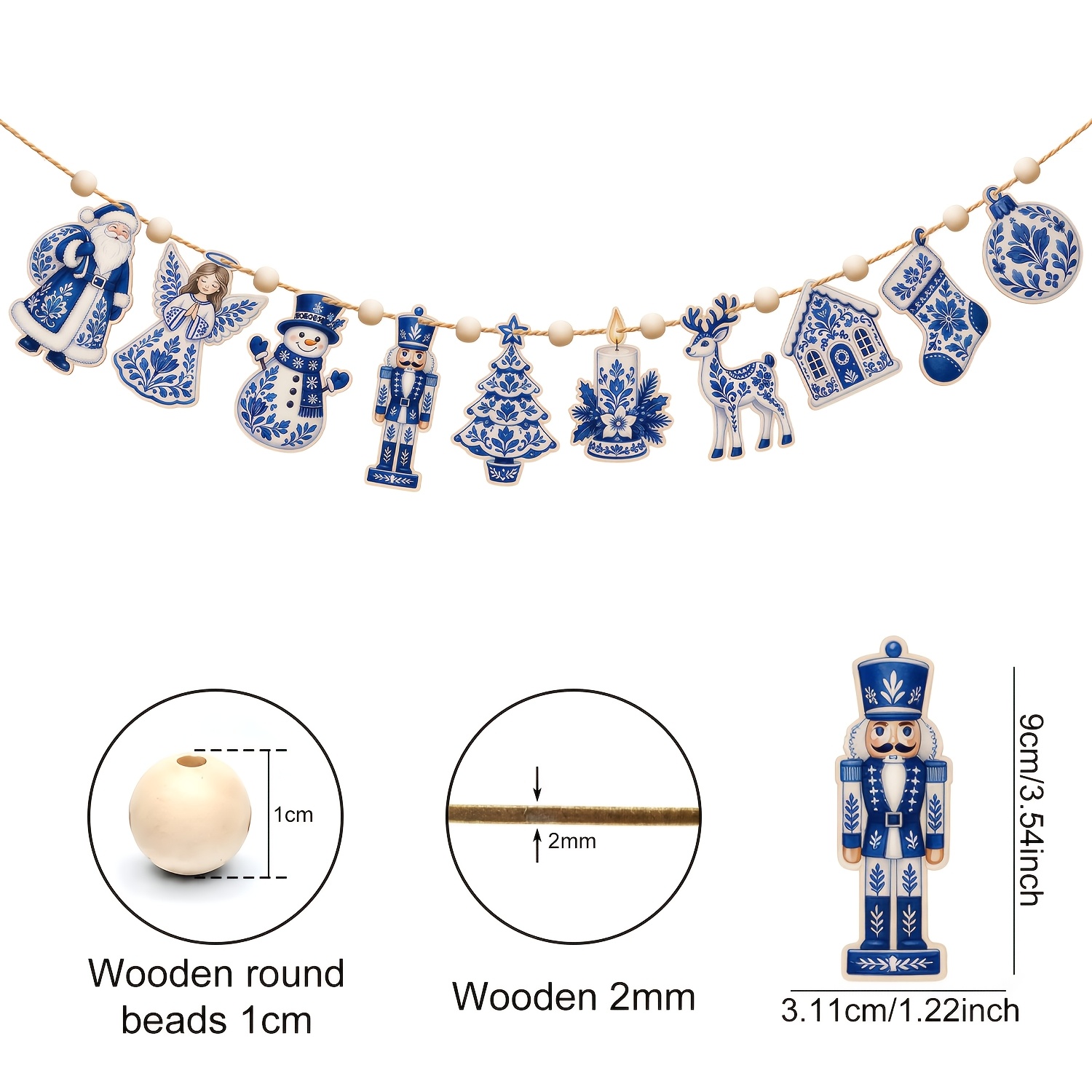 TEMU 2d Flat, Christmas Wooden Blue And White Porcelain Style Banner, 2d Flat Printed Wood Cutout Garland With Santa, , Nutcracker, Reindeer &