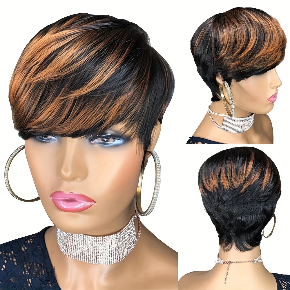 

Brazilian Human Hair Wig For Women - Short Cut With Bangs, Layered Bob Style, Straight Hair, 150% Density