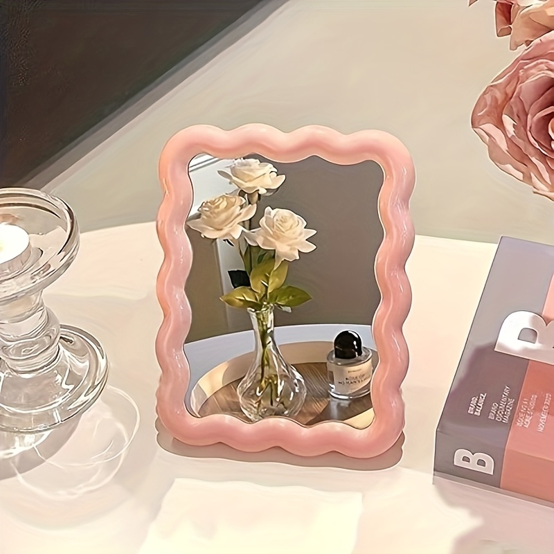 TEMU 1pc Portable Wave Vanity Mirror - Shaped Floral With Polished Plastic Frame - Compact & , Ideal For Makeup & Travel, Wall-mountable Or Desktop