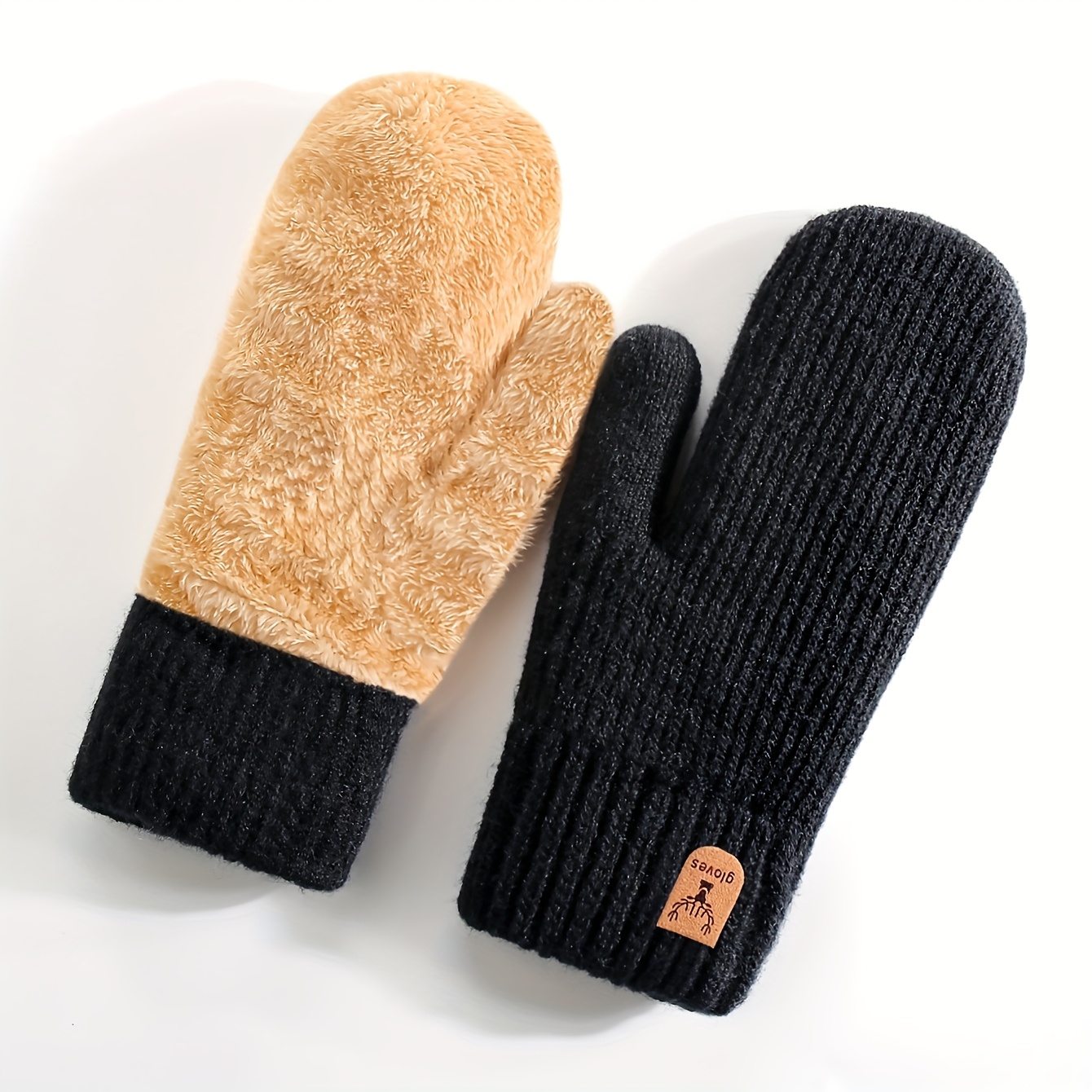 Image of 1pc Women's Winter Double-layer Fluffy Thick Warm Fleece Mittens Knit Vertical Striped Pattern Cold Weather Fashion Gloves For Women And Men, Suitable For Daily Wear And Party Occasions