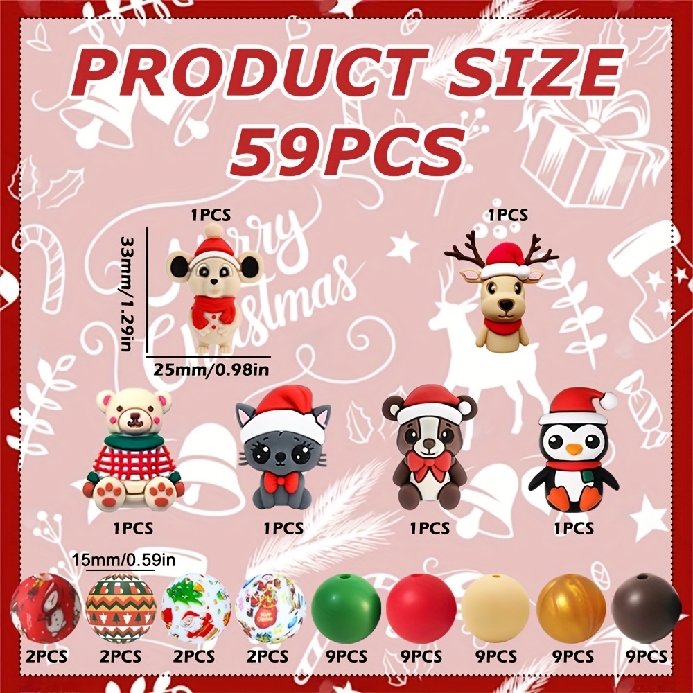 TEMU 59pcs 3d Christmas Animal-shaped Silicone Beads (reindeer, Christmas Dog, Christmas Bear, Christmas Cat, Christmas Penguin, Scarf Bear) Beads,